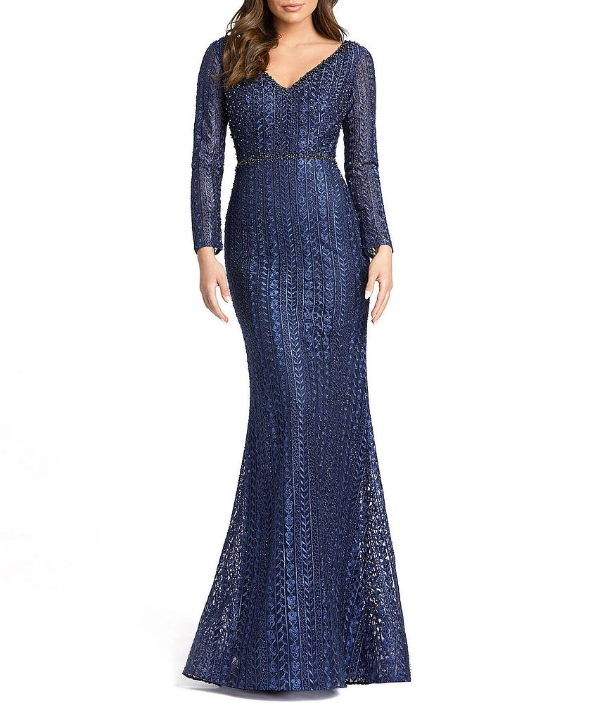 Mac Duggal Embroidered Long Sleeve V-Neck Mermaid Gown