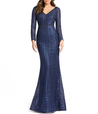 Mac Duggal Embroidered Long Sleeve V-Neck Mermaid Gown