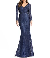 Mac Duggal Embroidered Long Sleeve V-Neck Mermaid Gown