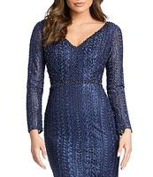 Mac Duggal Embroidered Long Sleeve V-Neck Mermaid Gown