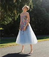 Mac Duggal Embroidered Mesh Floral Sweetheart Neck Sleeveless A-Line Midi Dress
