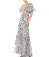 Mac Duggal Embroidered Sequin V-Neck Short Illusion Flutter Sleeve Gown