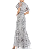 Mac Duggal Embroidered Sequin V-Neck Short Illusion Flutter Sleeve Gown