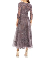 Mac Duggal Embroidered Surplice V-Neck 3/4 Sleeve Tea Length A-Line Dress