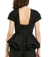 Mac Duggal Faille V-Neck Pleated Cap Sleeve Twist Front Peplum Hem Bustier Top