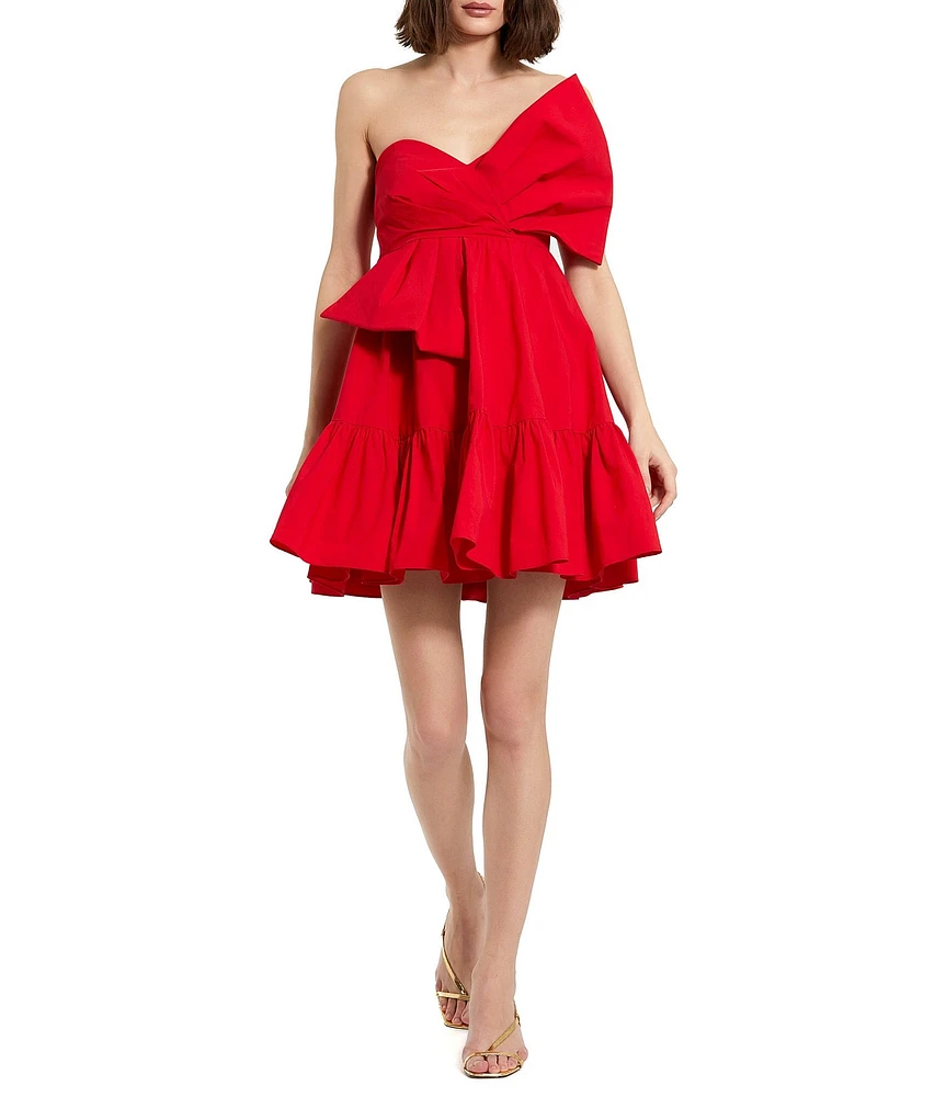 Mac Duggal Faille Woven Strapless Bow Twist A-Line Mini Dress