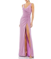 Mac Duggal Faux Wrap Thigh High Slit V-Neck Sleeveless Gown