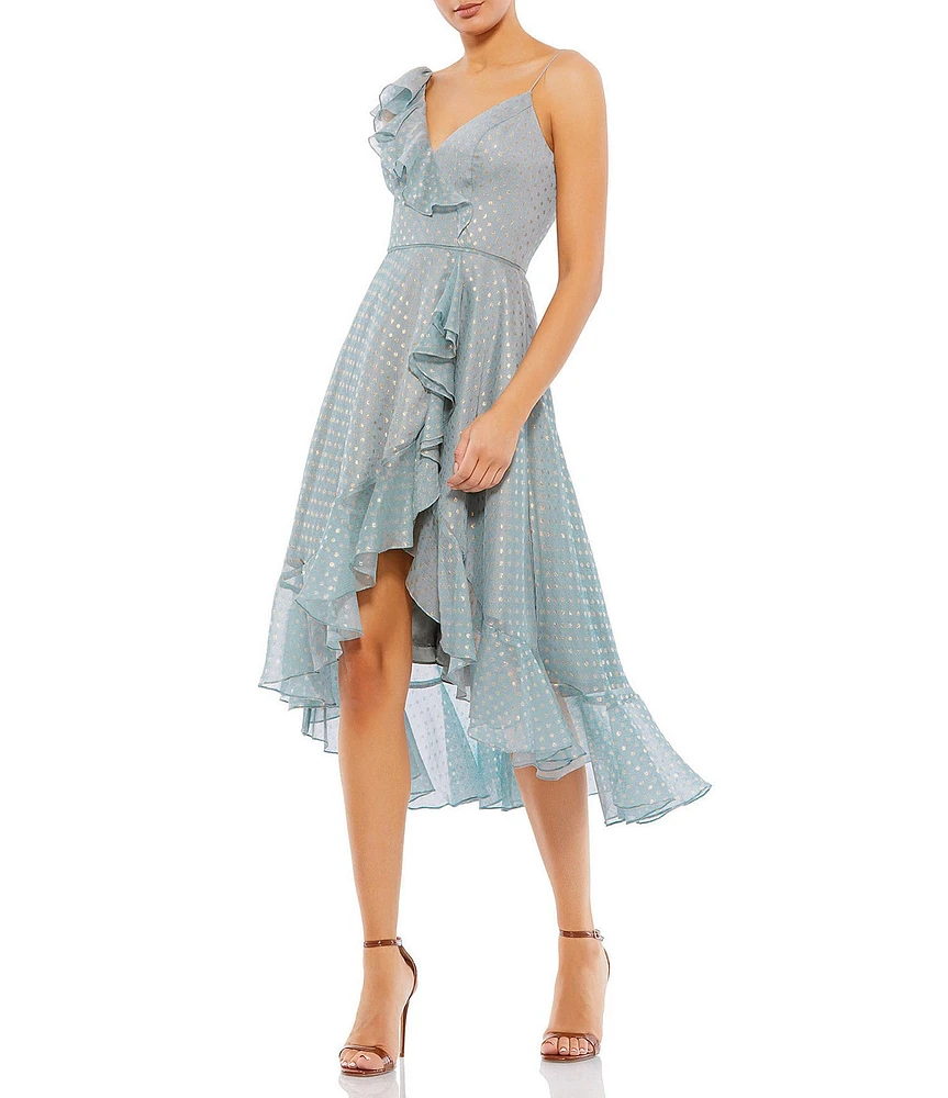 Mac Duggal Faux Wrap Ruffle V-Neck Cap Sleeve Spaghetti Strap Tiered High-Low Hem Midi Dress