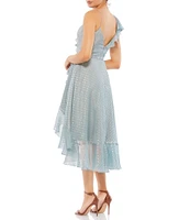 Mac Duggal Faux Wrap Ruffle V-Neck Cap Sleeve Spaghetti Strap Tiered High-Low Hem Midi Dress
