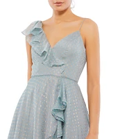 Mac Duggal Faux Wrap Ruffle V-Neck Cap Sleeve Spaghetti Strap Tiered High-Low Hem Midi Dress