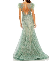 Mac Duggal Feather Cap Sleeve Illusion V-Neck Sheer Back Mermaid Gown