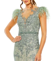 Mac Duggal Feather Cap Sleeve Illusion V-Neck Sheer Back Mermaid Gown