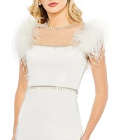 Mac Duggal Feather Cap Sleeve Pearl Embellished Satin Dress