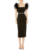 Mac Duggal Feather Cap Sleeve Pearl Embellished Satin Dress