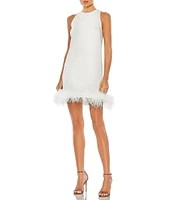 Mac Duggal Feather Trim Crew Neck Sleeveless Trapeze Mini Dress