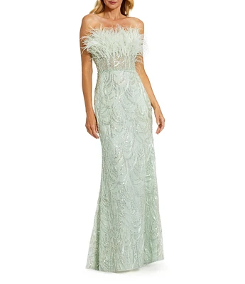 Mac Duggal Feather Trim Strapless Corset Bodice Embroidered Sheath Gown