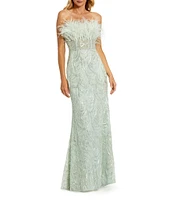 Mac Duggal Feather Trim Strapless Corset Bodice Embroidered Sheath Gown
