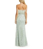 Mac Duggal Feather Trim Strapless Corset Bodice Embroidered Sheath Gown