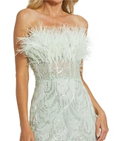 Mac Duggal Feather Trim Strapless Corset Bodice Embroidered Sheath Gown
