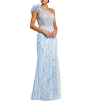 Mac Duggal Feathered One Shoulder Embroidered Applique Gown