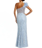 Mac Duggal Feathered One Shoulder Embroidered Applique Gown