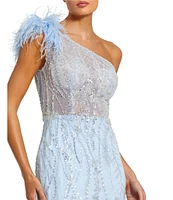 Mac Duggal Feathered One Shoulder Embroidered Applique Gown