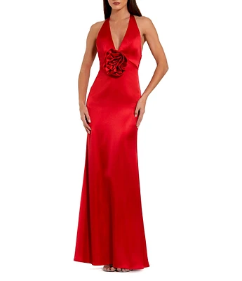 Mac Duggal Fitted Satin Halter V-Neck Sleeveless 3D Flower Open Back Sheath Dress