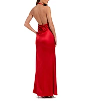 Mac Duggal Fitted Satin Halter V-Neck Sleeveless 3D Flower Open Back Sheath Dress