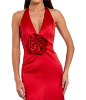 Mac Duggal Fitted Satin Halter V-Neck Sleeveless 3D Flower Open Back Sheath Dress