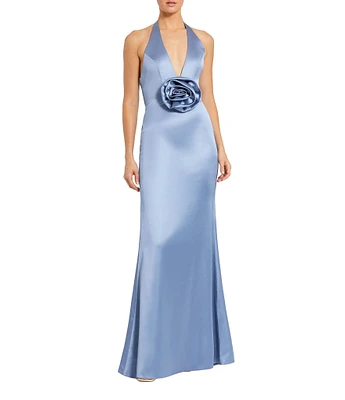 Mac Duggal Fitted Satin Halter V-Neck Sleeveless 3D Flower Open Back Sheath Dress
