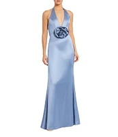 Mac Duggal Fitted Satin Halter V-Neck Sleeveless 3D Flower Open Back Sheath Dress