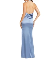 Mac Duggal Fitted Satin Halter V-Neck Sleeveless 3D Flower Open Back Sheath Dress