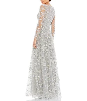 Mac Duggal Floral Applique Split V-Neck Illusion Long Sleeve Gown