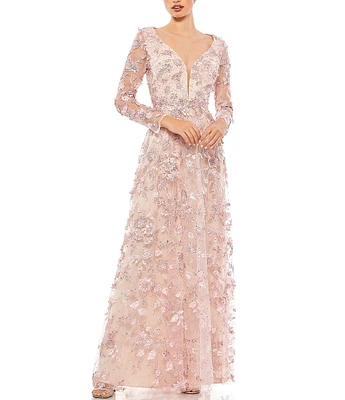 Mac Duggal Floral Applique Split V-Neck Illusion Long Sleeve Gown