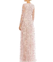 Mac Duggal Floral Applique Split V-Neck Illusion Long Sleeve Gown