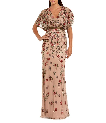 Mac Duggal Floral Bead Mesh V-Neck Blouson Column Gown