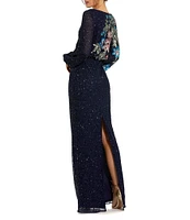 Mac Duggal Floral Beaded Sequin Long Sleeve Blouson Gown