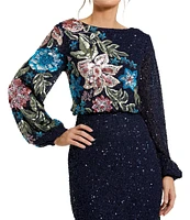 Mac Duggal Floral Beaded Sequin Long Sleeve Blouson Gown