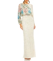 Mac Duggal Floral Beaded Sequin Long Sleeve Blouson Gown