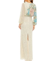 Mac Duggal Floral Beaded Sequin Long Sleeve Blouson Gown