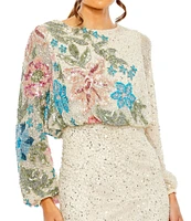 Mac Duggal Floral Beaded Sequin Long Sleeve Blouson Gown