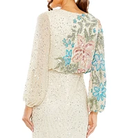 Mac Duggal Floral Beaded Sequin Long Sleeve Blouson Gown