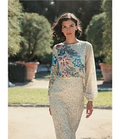 Mac Duggal Floral Beaded Sequin Long Sleeve Blouson Gown