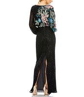 Mac Duggal Floral Beaded Sequin Long Sleeve Blouson Gown