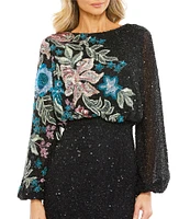 Mac Duggal Floral Beaded Sequin Long Sleeve Blouson Gown