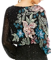 Mac Duggal Floral Beaded Sequin Long Sleeve Blouson Gown