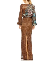 Mac Duggal Floral Beaded Sequin Long Sleeve Blouson Gown