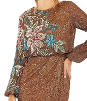 Mac Duggal Floral Beaded Sequin Long Sleeve Blouson Gown