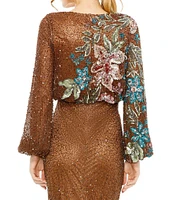 Mac Duggal Floral Beaded Sequin Long Sleeve Blouson Gown