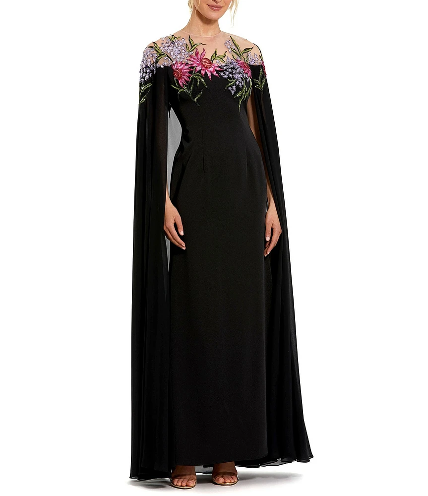 Mac Duggal Floral Beaded Embroidered Illusion Crew Neck Long Sheer Cape Gown